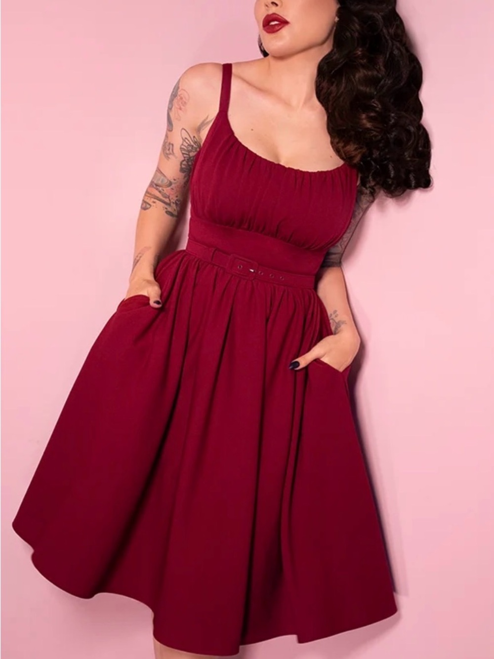 Women's Sleeveless Vintage Fit-and-Flare Dress in Burgundy